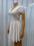 Women's clothing sexy hollow Lace-Up Slim Waist V-neck short-sleeved solid color dress