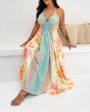 Women's Halter Neck Back Hollow Print Long Dress