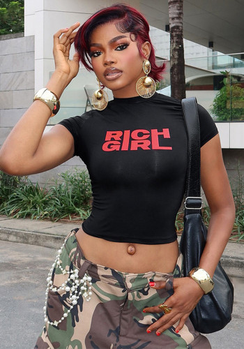 Women's short slim sexy Round Neck Letter printed short-sleeved t-shirt top