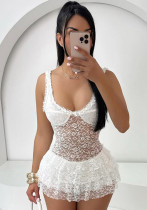 Summer women's straps transparent lace multi-layer ruffle dress