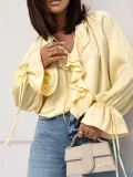 Women Spring ruffled Bell Bottom sleeve V neck lace shirt