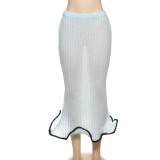 Women Summer Solid Knitting See-Through Wave Edge Bodycon Skirt