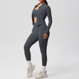women Solid color Tight Fitting sports Three-Piece running fitness yoga clothes set