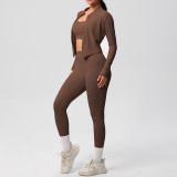 women Solid color Tight Fitting sports Three-Piece running fitness yoga clothes set