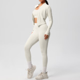 women Solid color Tight Fitting sports Three-Piece running fitness yoga clothes set