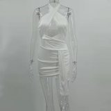 Women's Low Back Cross Halter Neck solid color Bodycon Dress