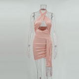 Women's Low Back Cross Halter Neck solid color Bodycon Dress