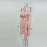 Women's Low Back Cross Halter Neck solid color Bodycon Dress