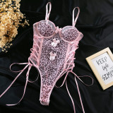 Women Pink Leopard Bodysuit Bow Tie Heart Print Halter Neck