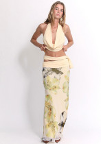 Women Spring Summer Sexy Backless Halter Neck Top Print Long Skirt Three-Piece