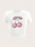 Women Summer Cherry Print Round Neck Short Sleeve T-Shirt