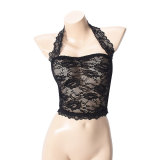 Women Summer Crop Backless See-Through Lace Halter Neck Top