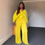 Women Pleated V-Neck Bat Sleeves Shirt and Pants Two Piece Set