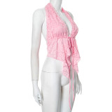 Women Spring and Summer lace Halter Neck Drawstring Lace-Up Irregular Ruffle T-shirt Top