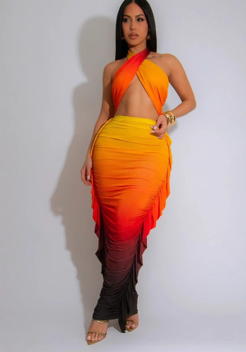Women Gradient Print Crop Pleated Top and Skirt Two Piece Set