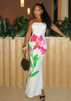 Women Spring and Summer Strapless Flower Print Off-shoulder Bodycon Pleated Maxi Dress