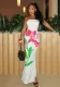 Women Spring and Summer Strapless Flower Print Off-shoulder Bodycon Pleated Maxi Dress