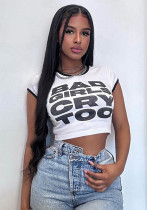Women Letter Printed Contrast Color Edge Short Sleeve Top