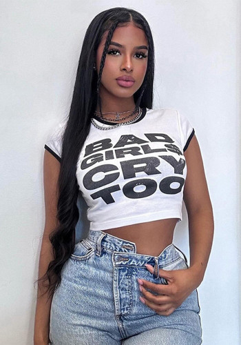 Women Letter Printed Contrast Color Edge Short Sleeve Top