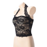 Women Summer Crop Backless See-Through Lace Halter Neck Top