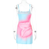 Women Summer Printed Square Neck Strap Bodycon Dress