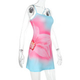 Women Summer Printed Square Neck Strap Bodycon Dress
