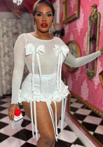 Women Sexy Bow See-Through Top and lace Tassel Shorts Two Piece Set