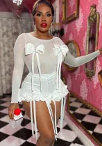 Women Sexy Bow See-Through Top and lace Tassel Shorts Two Piece Set