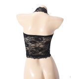 Women Summer Crop Backless See-Through Lace Halter Neck Top