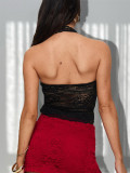 Women Summer Crop Backless See-Through Lace Halter Neck Top