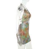 Women Butterfly Accessory Printed Summer Halter Neck Bodycon Dress