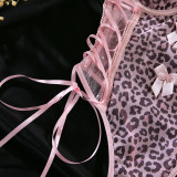 Women Pink Leopard Bodysuit Bow Tie Heart Print Halter Neck