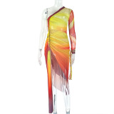 Women's pleated color matching slit slim irregular Slash Shoulder one-shoulder long sleeve fashion dress