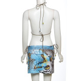 Women Spring Summer Sexy Print Tie Bikini Three-Piece