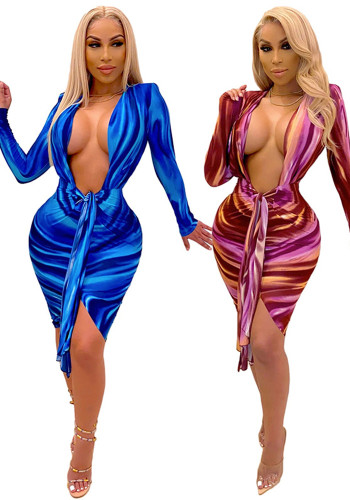 print sexy v neck long sleeve nightclub Dress