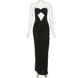Women's Spring Summer Style Solid Color Sexy Low Back Strapless Hollow Slim Long Dress