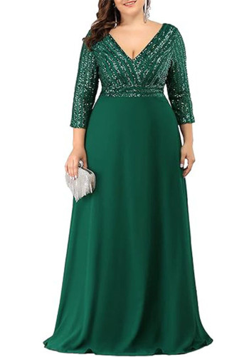 Wedding dress Chic women Plus Size V neck shiny long sleeve cocktail evening dress（Processing time need 3-6 days）
