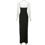 Women's Spring Summer Style Solid Color Sexy Low Back Strapless Hollow Slim Long Dress