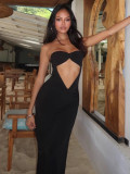 Women's Spring Summer Style Solid Color Sexy Low Back Strapless Hollow Slim Long Dress