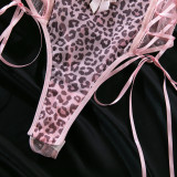 Women Pink Leopard Bodysuit Bow Tie Heart Print Halter Neck