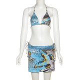 Women Spring Summer Sexy Print Tie Bikini Three-Piece