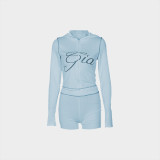 Fashion retro print slim elastic hooded sports style long sleeve top shorts women Two Piece Set