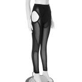 Women Spring and Summer Mesh See-Through Hollow Cross Line Loose Pants