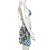 Women Spring Summer Sexy Print Tie Bikini Three-Piece