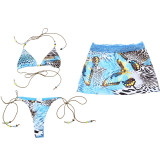 Women Spring Summer Sexy Print Tie Bikini Three-Piece
