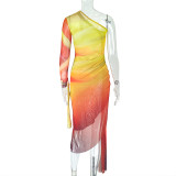 Women's pleated color matching slit slim irregular Slash Shoulder one-shoulder long sleeve fashion dress