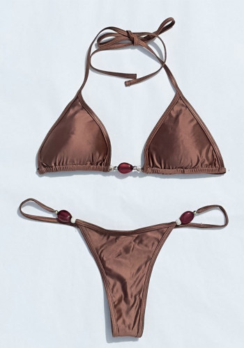 Sexy solid color Halter Neck Lace-Up bikini Two Pieces women swimsuit