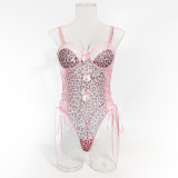 Women Pink Leopard Bodysuit Bow Tie Heart Print Halter Neck