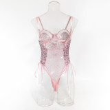 Women Pink Leopard Bodysuit Bow Tie Heart Print Halter Neck