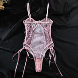 Women Pink Leopard Bodysuit Bow Tie Heart Print Halter Neck